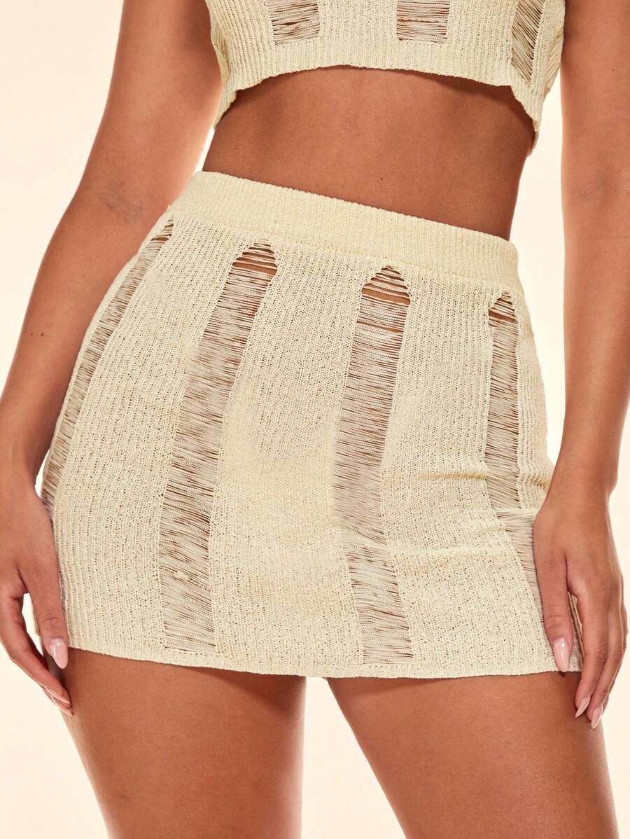 SHEIN BAE Váy len nữ Bị tách màu trơn Gợi cảm - Màu be - Xem 1