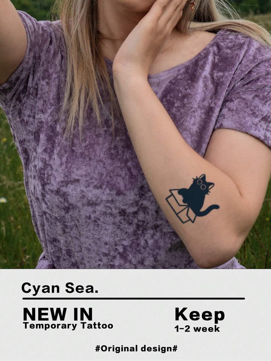 1張貓樣式紋身貼紙 - 黑色 - 查看 1