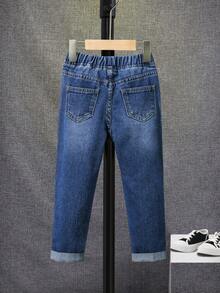 SHEIN Chàng trai trẻ Rách Frayed Eo đàn hồi Quần jean - Rửa tối - Xem 2