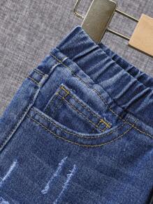 SHEIN Chàng trai trẻ Rách Frayed Eo đàn hồi Quần jean - Rửa tối - Xem 5