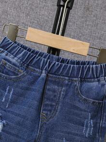 SHEIN Chàng trai trẻ Rách Frayed Eo đàn hồi Quần jean - Rửa tối - Xem 6