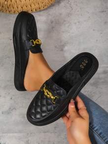 Women's New Black Casual Style Chain Decor Flat Mule Shoes