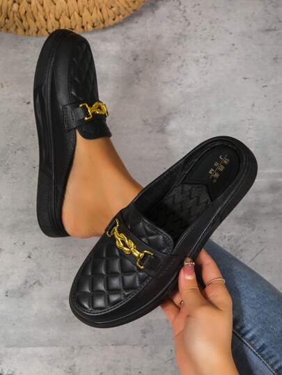 女士新款黑色休闲风链条装饰平底穆勒鞋，春夏穿搭