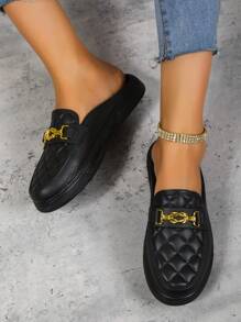 Women's New Black Casual Style Chain Decor Flat Mule Shoes