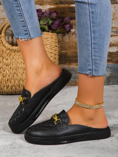 حذاء للنساء الجديد أسود كاجوال أسلوب ديكور سلسلة مسطح حذاء مولر