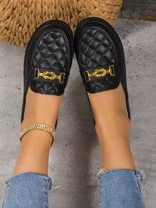 Women's New Black Casual Style Chain Decor Flat Mule Shoes