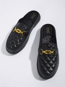 Women's New Black Casual Style Chain Decor Flat Mule Shoes