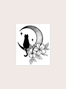 1 hoja de pegatina de tatuaje con patrón de gato y flor, tatuaje temporal falso - Negro - Ver 2