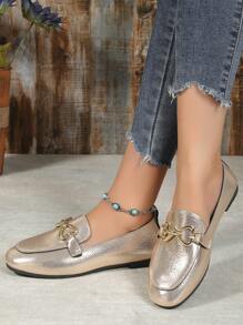 女式低跟香檳色金屬裝飾樂福鞋 - 銀色 - 查看 1