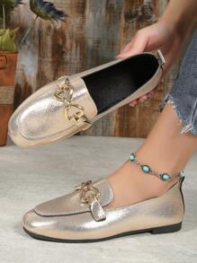 女式低跟香檳色金屬裝飾樂福鞋 - 銀色 - 查看 2