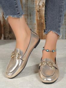 女式低跟香檳色金屬裝飾樂福鞋 - 銀色 - 查看 3