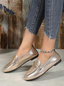 女式低跟香檳色金屬裝飾樂福鞋 - 銀色 - 查看 5