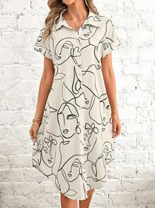 EMERY ROSE Abstract Figure Graphic Curved Hem Shirt Dress Without Belt - Multicolor - View 1