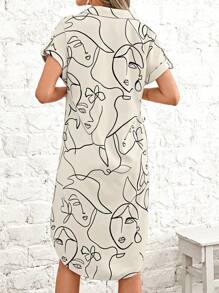 EMERY ROSE Abstract Figure Graphic Curved Hem Shirt Dress Without Belt - Multicolor - View 3