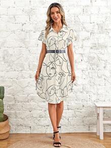 EMERY ROSE Abstract Figure Graphic Curved Hem Shirt Dress Without Belt - Multicolor - View 4