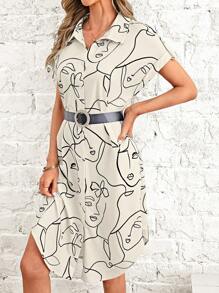 EMERY ROSE Abstract Figure Graphic Curved Hem Shirt Dress Without Belt - Multicolor - View 2