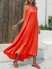 SHEIN VCAY Đầm Cao thấp Xếp li Buộc lại màu trơn Giải trí - trái cam - Xem 1