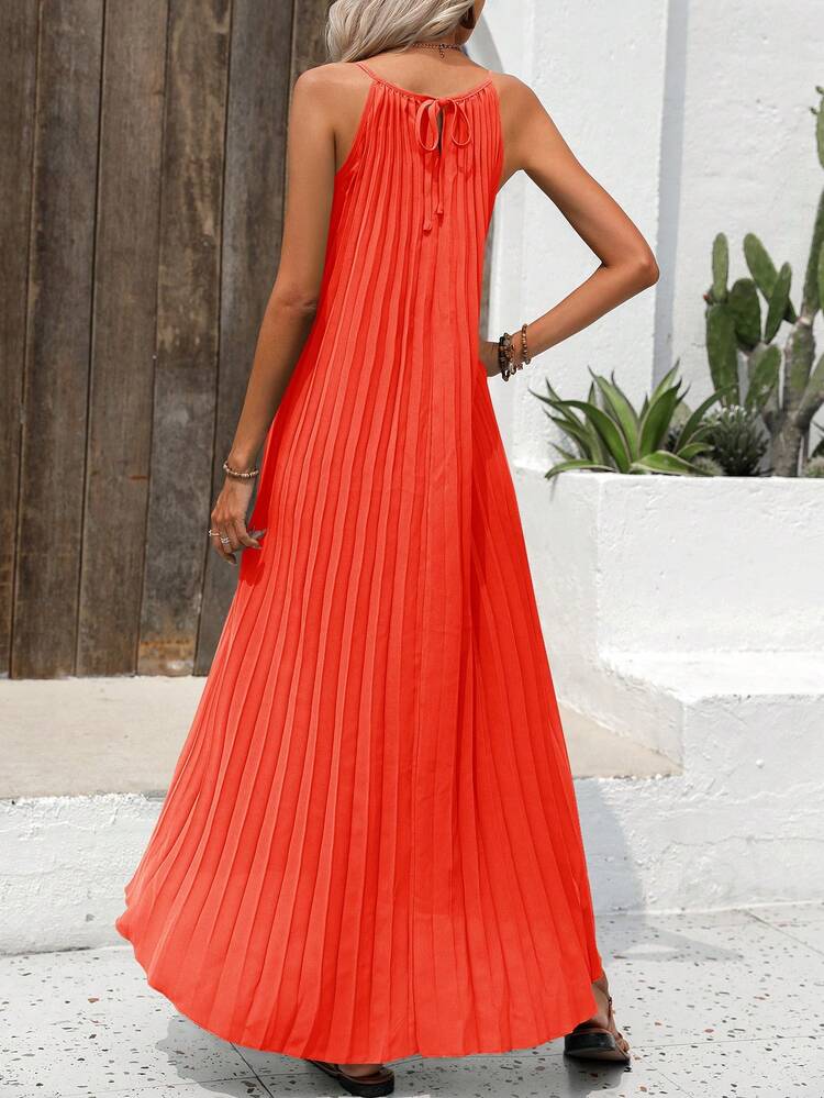 SHEIN VCAY Đầm Cao thấp Xếp li Buộc lại màu trơn Giải trí - trái cam - Xem 2