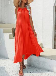 SHEIN VCAY Đầm Cao thấp Xếp li Buộc lại màu trơn Giải trí - trái cam - Xem 3