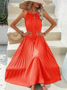 SHEIN VCAY Đầm Cao thấp Xếp li Buộc lại màu trơn Giải trí - trái cam - Xem 6