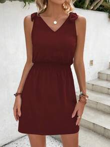 SHEIN LUNE Solid Knot Shoulder Dress - Burgundy - View 1