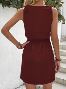 SHEIN LUNE Solid Knot Shoulder Dress - Burgundy - View 2