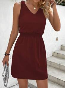 SHEIN LUNE Solid Knot Shoulder Dress - Burgundy - View 4