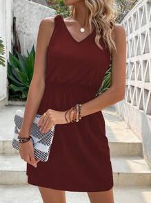 SHEIN LUNE Solid Knot Shoulder Dress - Burgundy - View 5