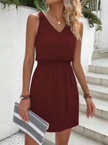 SHEIN LUNE Solid Knot Shoulder Dress - Burgundy - View 6