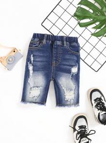 SHEIN Young Boy Ripped Raw Hem Denim Shorts - Dark Wash - View 1