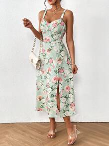 Chiquease Vestido de tirantes con estampado floral - Verde - Ver 4