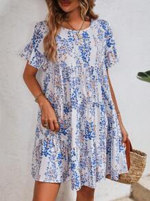 SHEIN VCAY Vestido smock con estampado floral - Azul y blanco - Ver 1