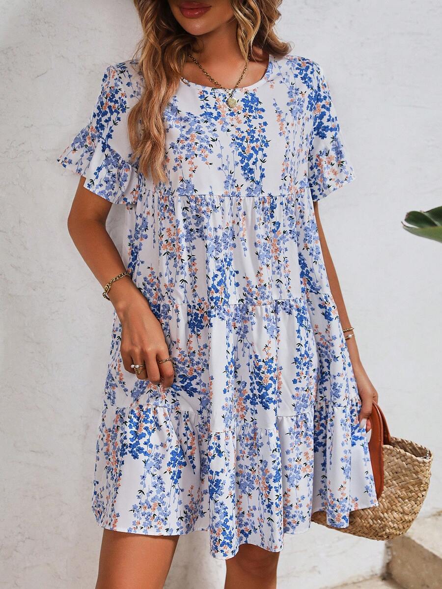 SHEIN VCAY Vestido smock con estampado floral - Azul y blanco - Ver 1
