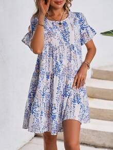 SHEIN VCAY Vestido smock con estampado floral - Azul y blanco - Ver 3