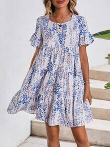 SHEIN VCAY Vestido smock con estampado floral - Azul y blanco - Ver 4