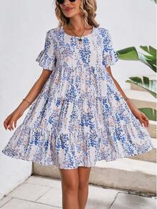 SHEIN VCAY Vestido smock con estampado floral - Azul y blanco - Ver 5