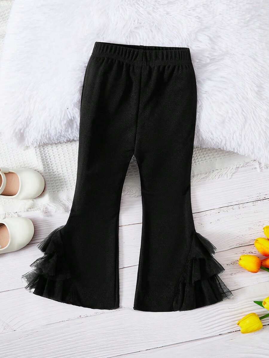 SHEIN 女童春秋蕾絲邊打底褲時尚喇叭褲百搭設計 - 黑色 - 查看 1