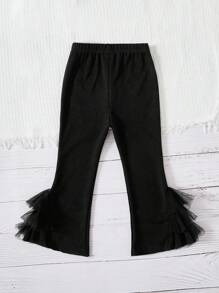 SHEIN 女童春秋蕾絲邊打底褲時尚喇叭褲百搭設計 - 黑色 - 查看 2