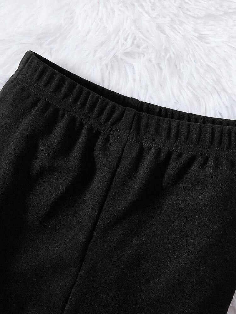 SHEIN 女童春秋蕾絲邊打底褲時尚喇叭褲百搭設計 - 黑色 - 查看 3