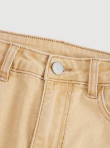 SHEIN 青少年女孩破洞牛仔喇叭褲 - 卡其色 - 查看 3