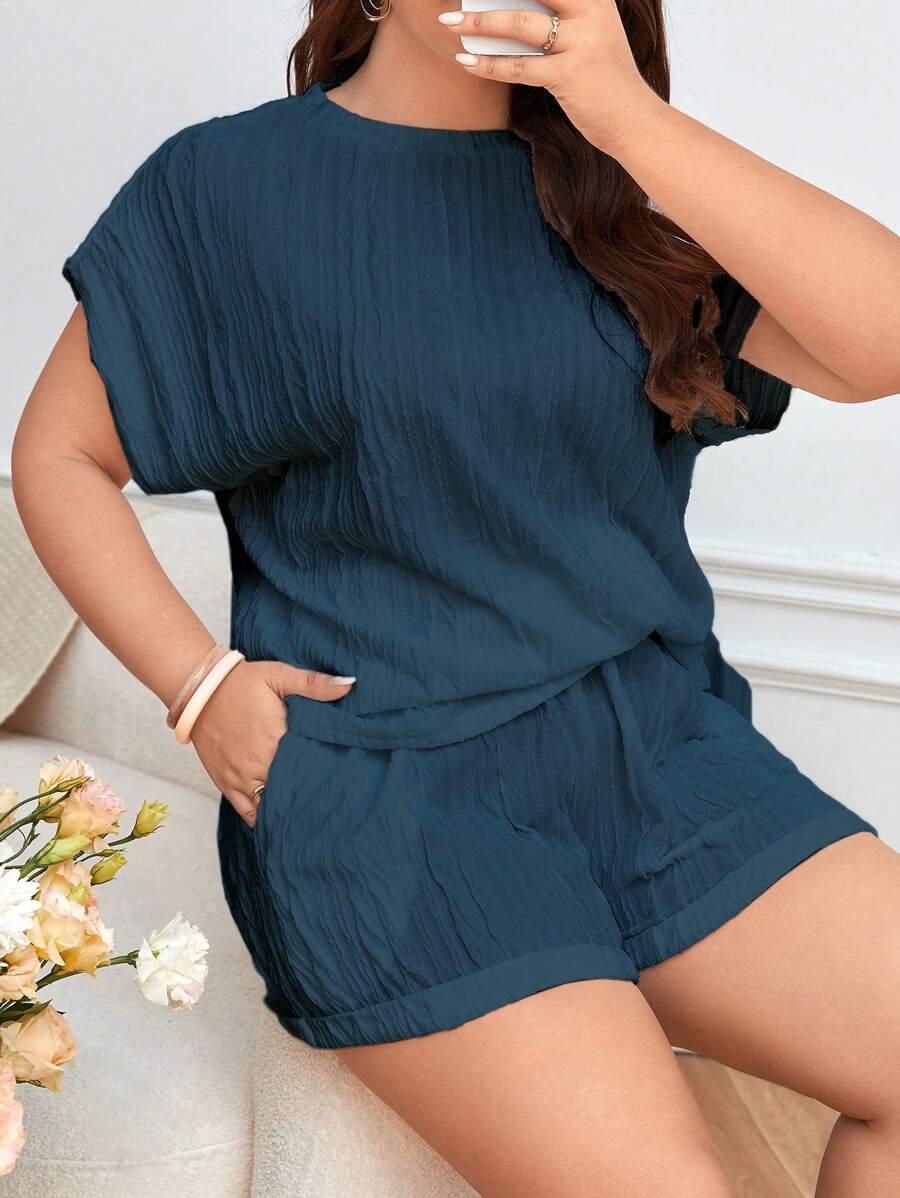 SHEIN Frenchy Bộ thời trang Plus Size Túi màu trơn Giải trí - Màu xanh ngọc - Xem 1