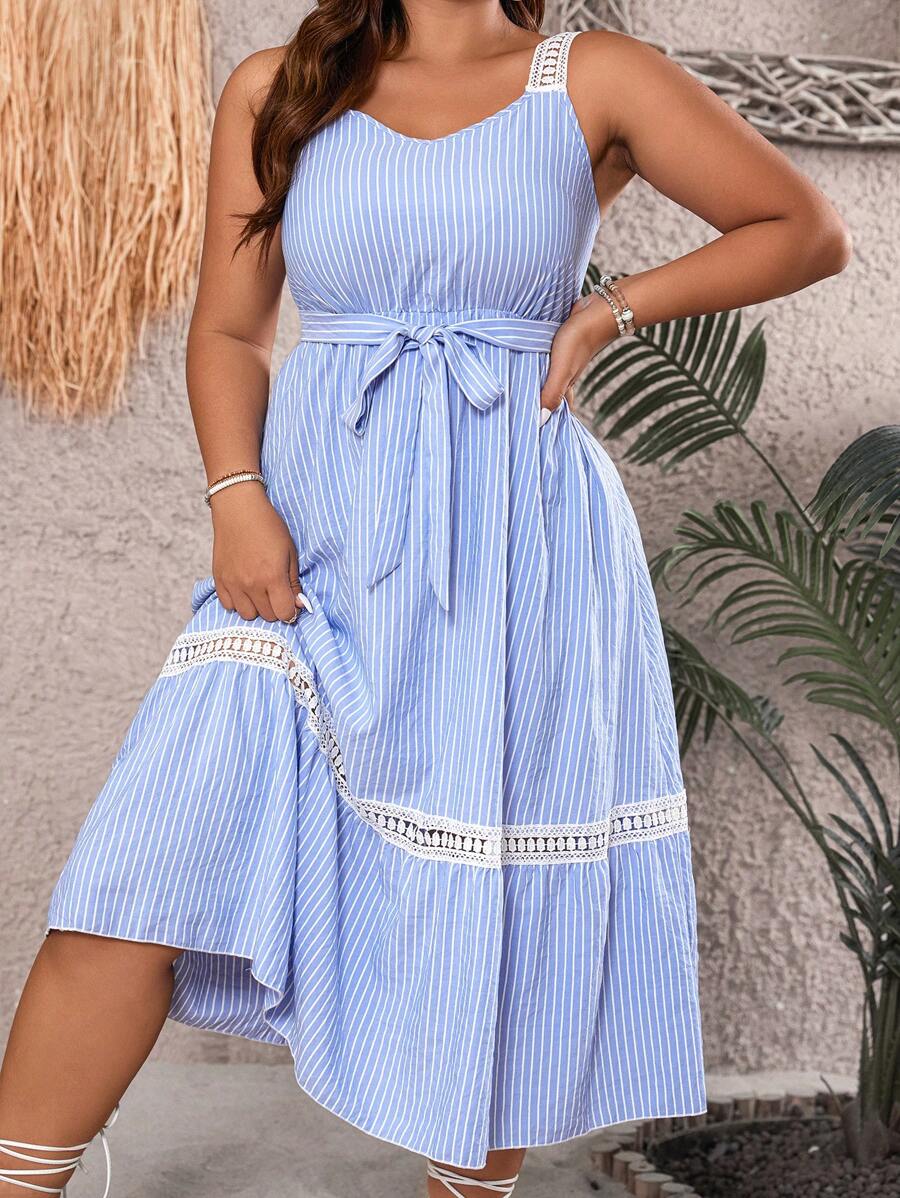 SHEIN LUNE Plus Striped Print Guipure Lace Insert Belted Cami Dress - Blue and White - View 1
