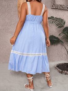 SHEIN LUNE Plus Striped Print Guipure Lace Insert Belted Cami Dress - Blue and White - View 2