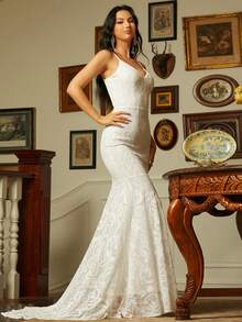 Elisanya 美人鱼下摆蕾丝吊带礼服白色优雅舞会晚会婚礼宾客礼服，适合毕业典礼、晚宴派对礼服 - 白色 - 查看 3