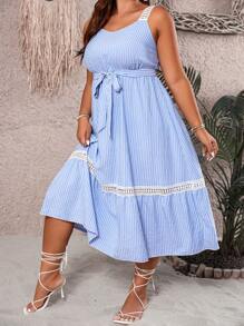 SHEIN LUNE Plus Striped Print Guipure Lace Insert Belted Cami Dress - Blue and White - View 5