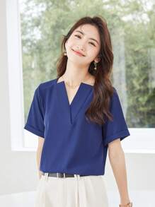 Solid Notched Neck Blouse - Blue - View 1