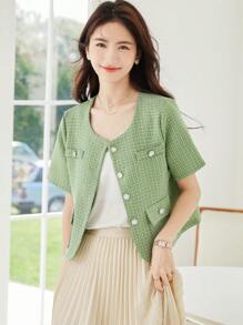 Plaid Pattern Flap Detail Button Front Cardigan - Green - View 1