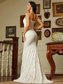 Elisanya 美人鱼下摆蕾丝吊带礼服白色优雅舞会晚会婚礼宾客礼服，适合毕业典礼、晚宴派对礼服 - 白色 - 查看 4