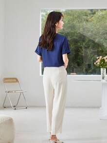 Solid Notched Neck Blouse - Blue - View 2