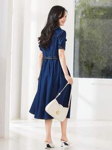 女士短袖襯衫連衣裙,附口袋,中長款（不含腰帶）